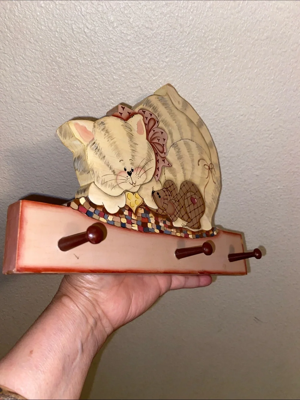 Cream and Pink Cat Wall Hook Rack - Decorative Home Wall Decor